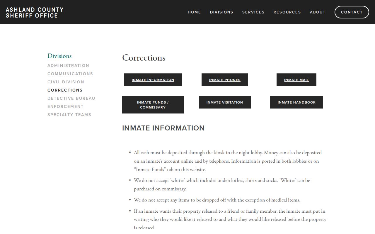 Ashland County Jail release information and facility facts on the Corrections page