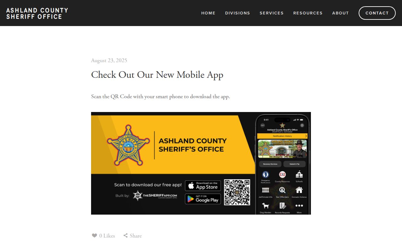 Ashland County Sheriff mobile app announcement and QR code