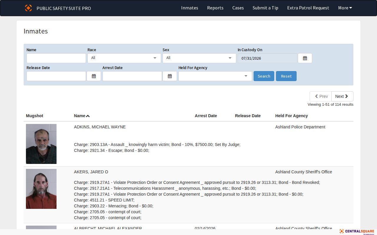 Ashland County Jail release record search with Release Date filter