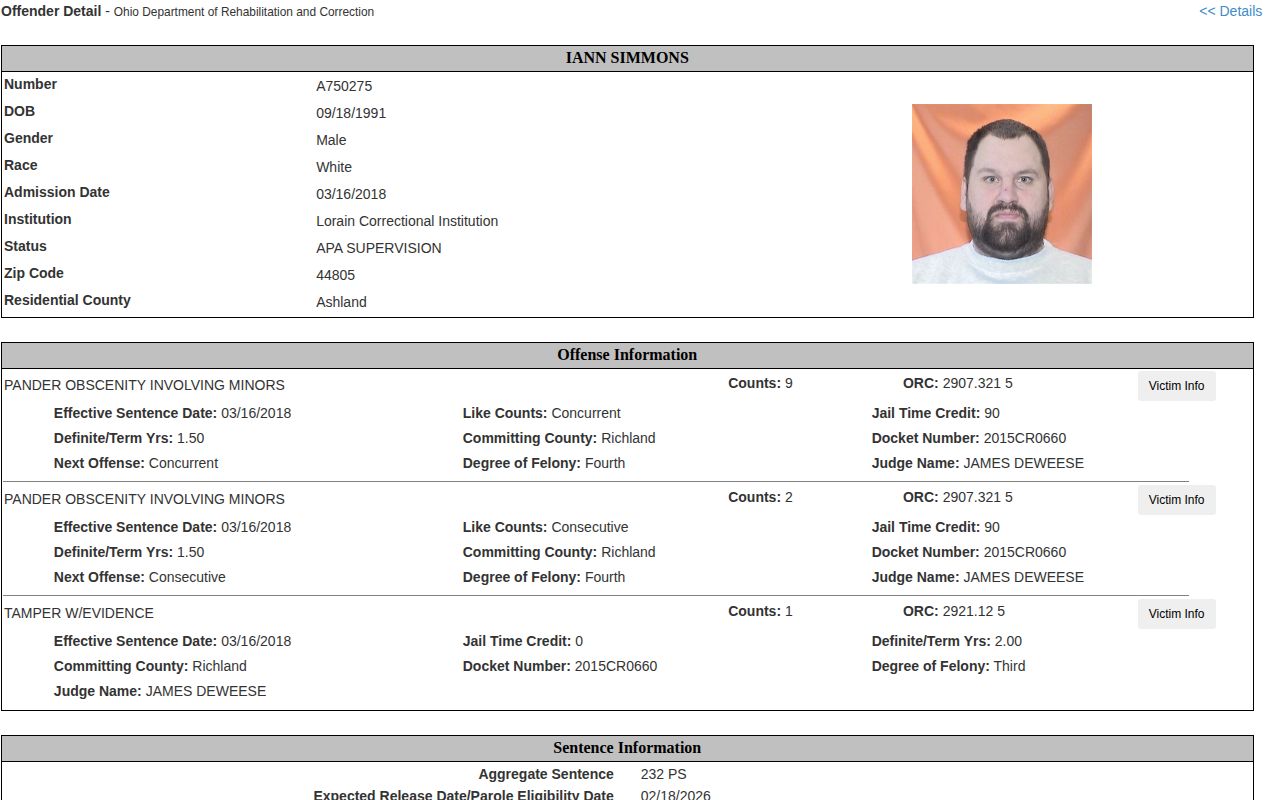 ODRC example showing APA supervision details and Ashland residential county