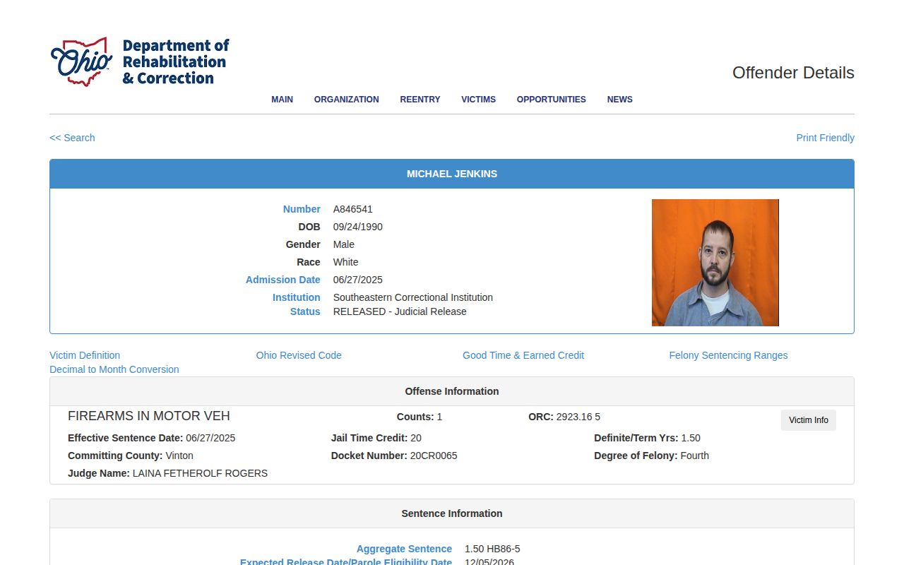 Ohio ODRC released record showing an offender photo after Ashland County custody